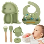 Dino Tablewear Set™ - 7-delige set - Siliconen Kinderservies Groen | Educatief Speelgoed