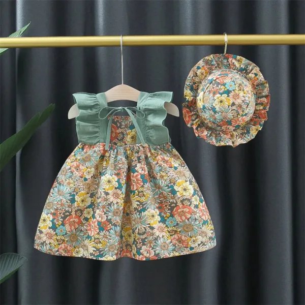 Mini Fashion™ - Schattig Bloemen Ontwerp - Meiden Jurk met hoed Groen / 3 | Educatief Speelgoed - Afbeelding 1