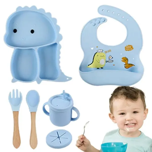 Dino Tablewear Set™ - 7-delige set - Siliconen Kinderservies Blauw | Educatief Speelgoed - Afbeelding 1