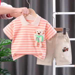 Mini Fashion™ - Streepjespak - Katoenen Kledingset Oranje / 92 (2 jaar) | Educatief Speelgoed