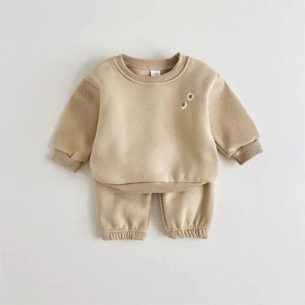Mini Fashion™ - Warm&Comfortabel - Trainingspak met Bloemenborduursel Khaki / 100 (2-3 jaar) | Educatief Speelgoed - Afbeelding 1