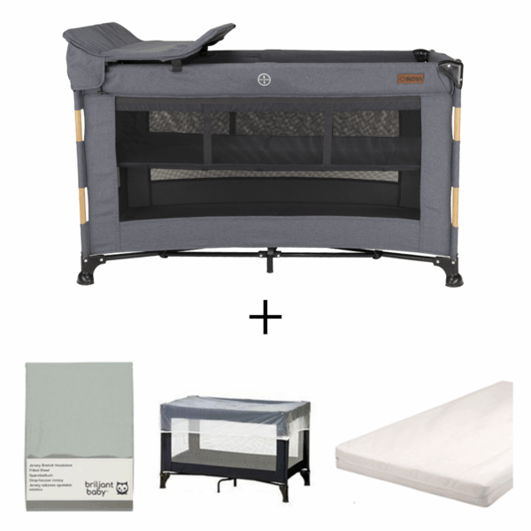 Set | Campingbed Novi Baby® Nora Luxe Grey/Wood + Accessoires - Afbeelding 1