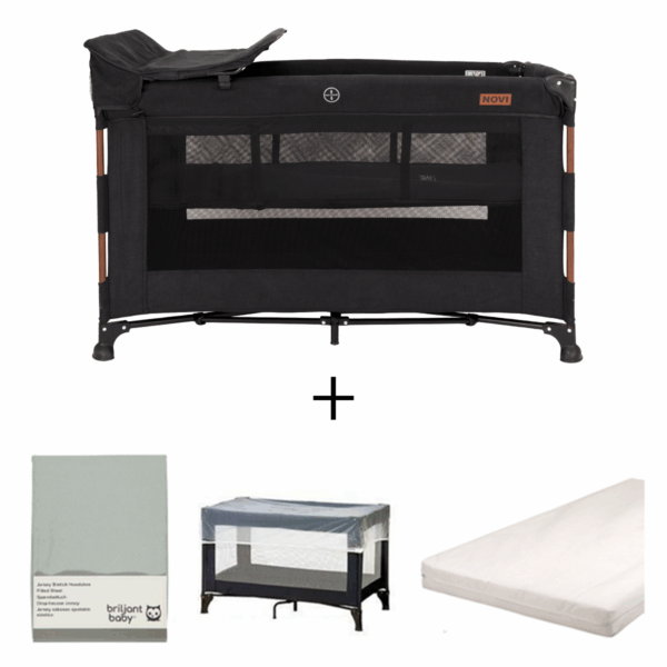 Set | Campingbed Novi Baby® Nora Luxe Walnut/Brilliant Black + Accessoires - Afbeelding 1