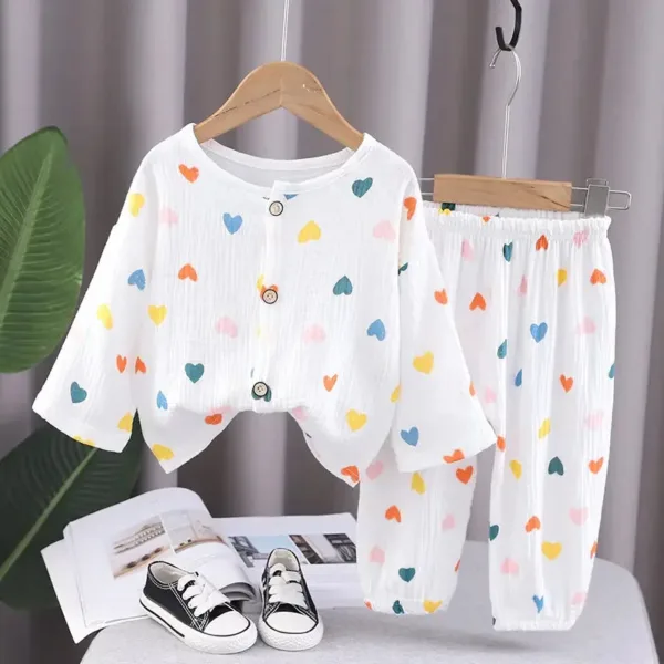 Mini Fashion™ - Luchtig Materiaal - Linnen Kleding Set Wit - Kleuren Hartjes / 80 (9-12 maanden) | Educatief Speelgoed - Afbeelding 1