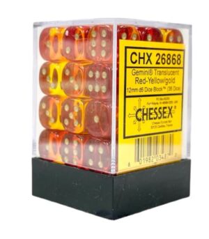 Doorzichtige 6-zijdige Gemini dobbelstenen 12mm RED-YELLOW/GOLD (36 dobbelstenen) - Chessex