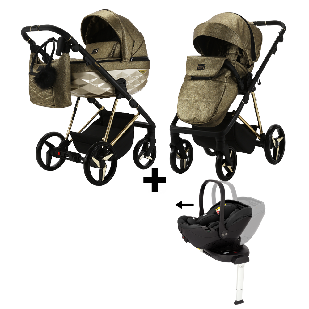 Kinderwagen Adamex Quantum Glossy Gold + Autostoel Joy Pro Glide 360° + Base + Adapterset Kinderwagen Adamex Quantum Glossy Gold + Autostoel Joy Pro Glide 360° + Base + Adapterset - Afbeelding 1