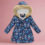 CozyTrend– Elegant&Knus– Gewatteerde Winterjas voor meisjes Blauwe bloemen met roze accenten / 150 (8-10 jaar) | Educatief Speelgoed