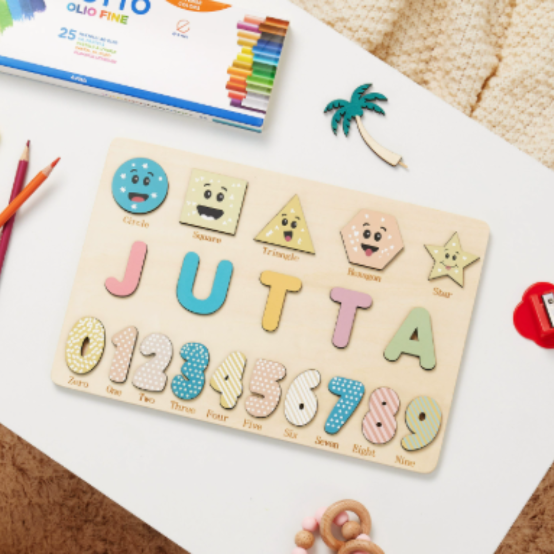 6_66d56f1c-3e57-45d0-a634-6a8f08fd071e Woods™ - Geef een blijvende herinnering! - Gepersonaliseerde puzzel Vormen&Cijfers - Pastel | Educatief Speelgoed - Afbeelding 1