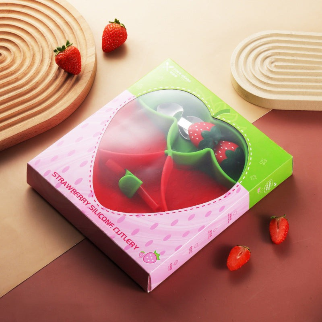 7_922d57e0-1cab-4009-ad7e-9e10601ba39b MiniMeal– Veilig&Antislip– Siliconen Peuterbord Set met Bestek ?Aardbeien (set van 5) | Educatief Speelgoed - Afbeelding 1