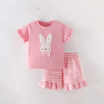 SunnyBloom– Zomer&Schattig– Matchende Zomerset Wit konijn met roze strepen / 110 (3-4 jaar) | Educatief Speelgoed