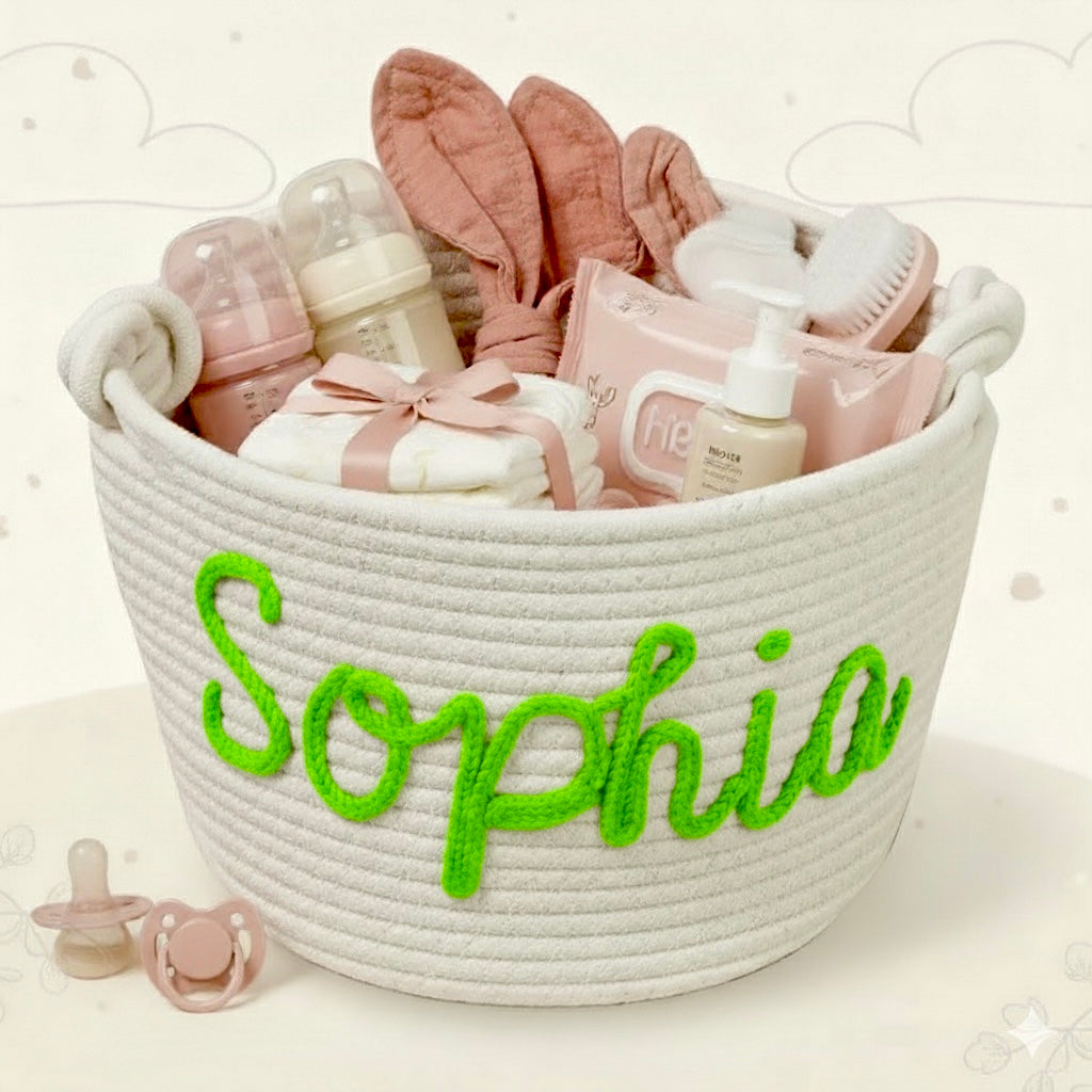 IMG_6366 CuddleBasket– Schattig&Persoonlijk– Gepersonaliseerde Luiermand L (30x18cm) / Fluoriserend groen | Educatief Speelgoed - Afbeelding 1