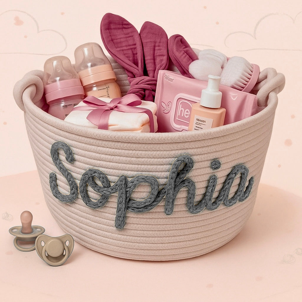 Untitled_design_d0424b16-f45d-47c2-ac36-6979ddb2d10d CuddleBasket– Schattig&Persoonlijk– Gepersonaliseerde Luiermand M (24x18cm) / Grijs | Educatief Speelgoed - Afbeelding 1