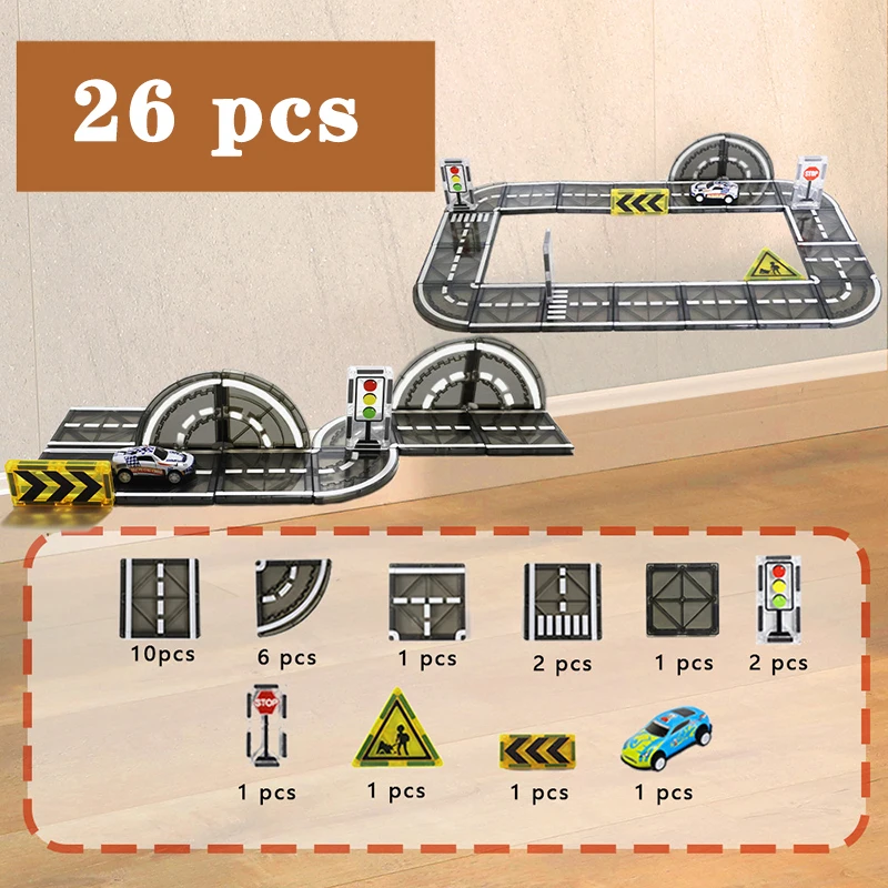 10_623ca476-64e5-4a6d-adf9-6e8649e30d6c MagnetoTrack– Creatief&Speels– Magnetische tegels Autoset Op de weg (starter) - 26 stuks | Educatief Speelgoed - Afbeelding 1