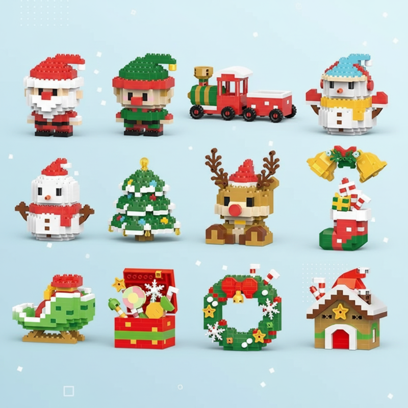 14_8ea6e9d5-ad61-45a6-a274-6e31188955d0 HolidayBlocks– Vrolijk&Decoratief– Kerst Mini Bouwstenen Set van 12 | Educatief Speelgoed - Afbeelding 1