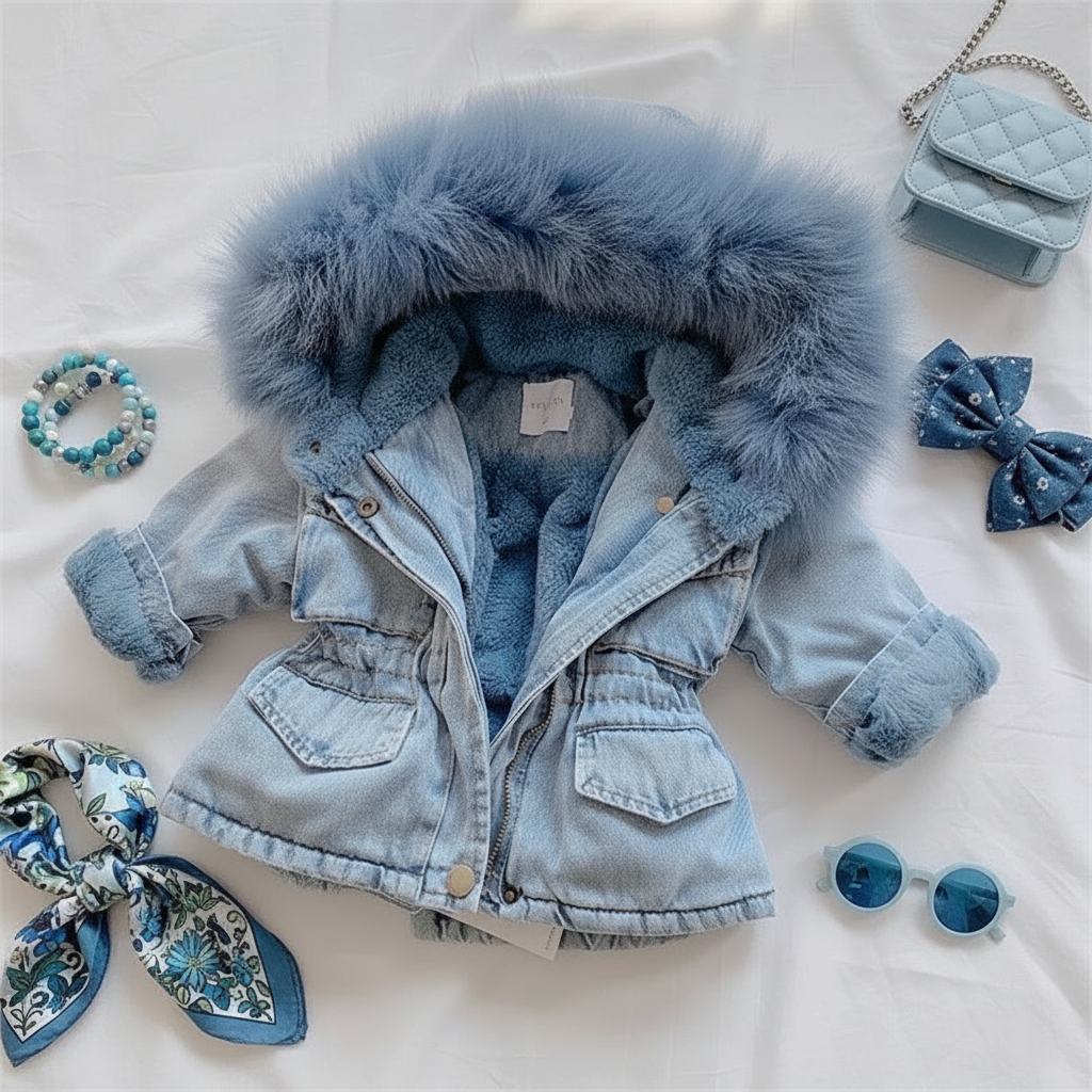 1_4e67756f-b66f-49cc-99e2-fead0e003826 FurDream– Denim Look – Winterjas met Capuchon Blauw / 80 (1-2 jaar) | Educatief Speelgoed - Afbeelding 1