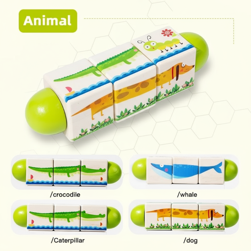 1_5488508f-4acb-4dfc-a3f4-b4dd5a935792 WoodiTurn– Leerzaam&Leuk– Roterende Puzzel Dieren - Groen | Educatief Speelgoed - Afbeelding 1