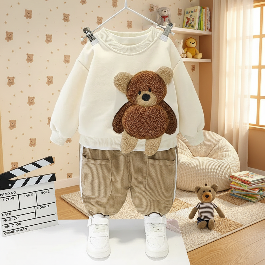 1_65ae4251-e4a6-4c04-bda9-4351b39bb15a Mini Fashion™ - Warm&Zacht– Tweedelige Kinder Kleding Set Beer / 73 (3–6 maanden) | Educatief Speelgoed - Afbeelding 1