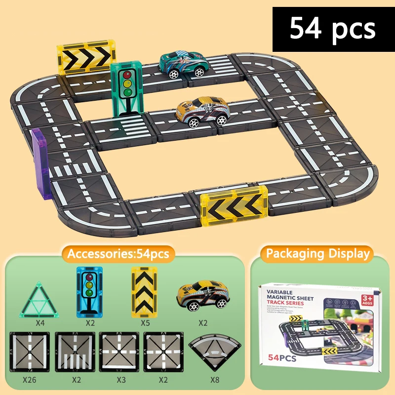 1_b281b463-ba9e-44d2-8bc9-b4cb27cc80c0 MagnetoTrack– Creatief&Speels– Magnetische tegels Autoset Op de weg (L) - 54 stuks | Educatief Speelgoed - Afbeelding 1