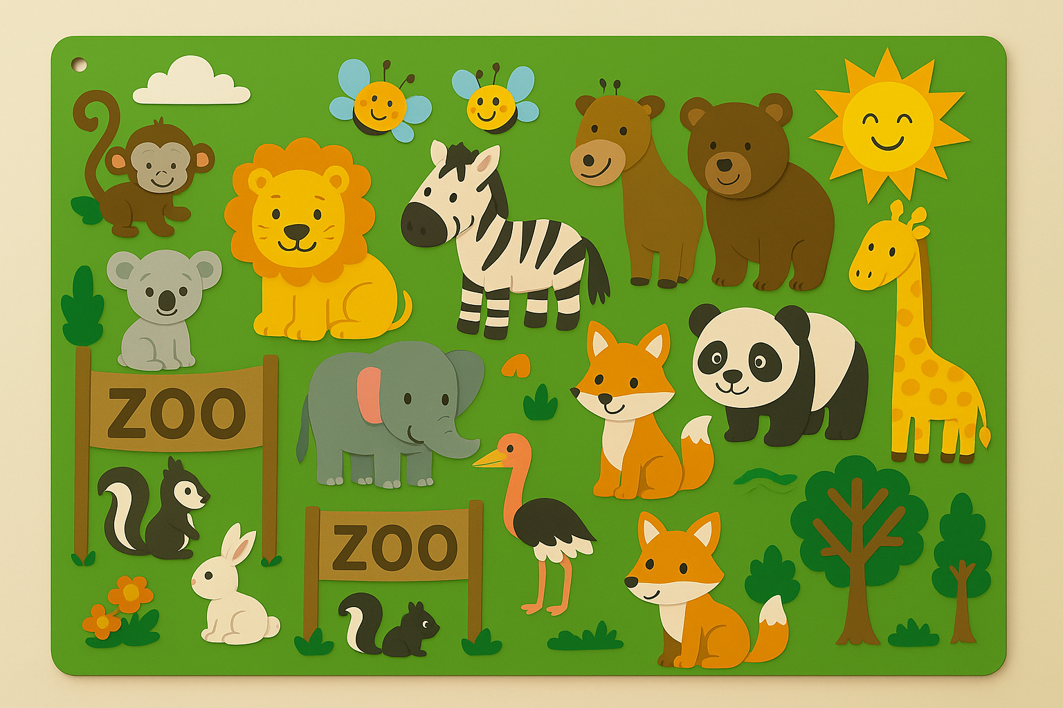 20250509_0739_Colorful_Zoo_Animals_remix_01jtsrsjcxfezssahdk8cbmvyp FeltBoard™ - Eindeloos ontdek- en speelplezier! - Viltbord Dierentuin | Educatief Speelgoed - Afbeelding 1