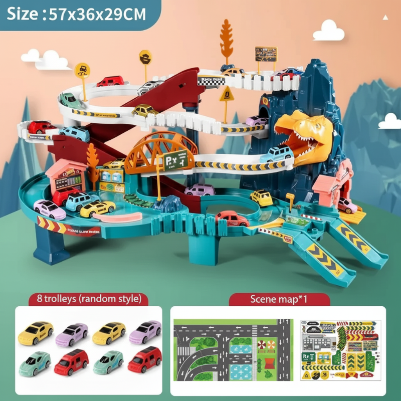 2_084fc27c-b25a-4445-9e6e-03339865c477 JurassicRun– Stoer&Leerzaam– Dino Racebaan met Auto’s 8 auto's | Educatief Speelgoed - Afbeelding 1