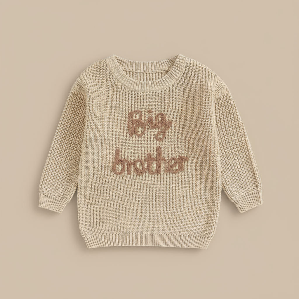2_4050f746-2456-46e7-827c-668249f070d2 MiniTrend– Gezellig&Modern– Kindertrui met'Big Brother'Khaki / 90 (18-24 maanden) | Educatief Speelgoed - Afbeelding 1