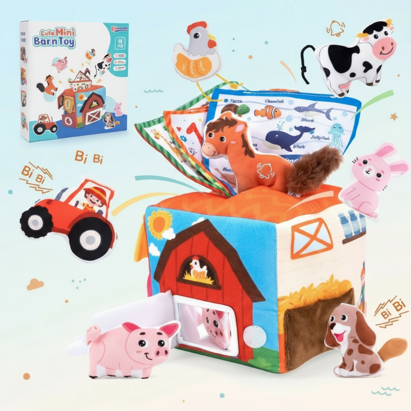 2_740620a8-bc0d-4895-928d-bb76c8df44a0 BabyBarn– Zacht&Leren– Boerderijhuis met Pluche Dieren Tissuebox met dieren | Educatief Speelgoed - Afbeelding 1