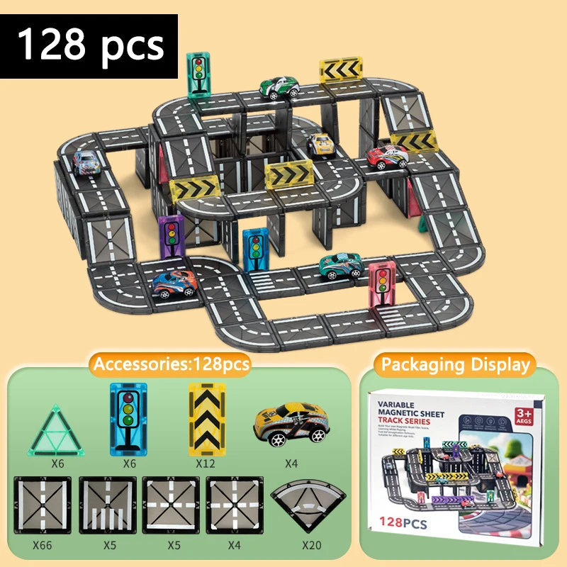 3_1ae4ccb8-1777-4f51-a978-b99f59dd0c93 MagnetoTrack– Creatief&Speels– Magnetische tegels Autoset In de hoogte (L) - 128 stuks | Educatief Speelgoed - Afbeelding 1