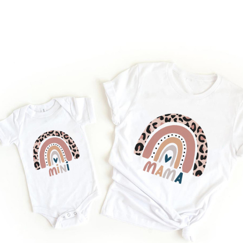Mini Fashion™ - Mama&Dochter - Matchende Shirt&Romper Wit - Print Regenboog / Baby's 30 - (0-3 maanden) | Educatief Speelgoed