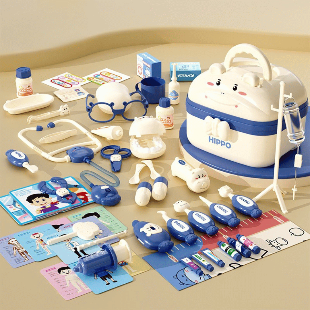 3_fea350fc-e735-43f4-bb3b-038cdf5362a2 Hippo Doctors Set™ - Mini Dokters in Actie - Speelgoed Doktersset 58 stuks / Blauw | Educatief Speelgoed - Afbeelding 1