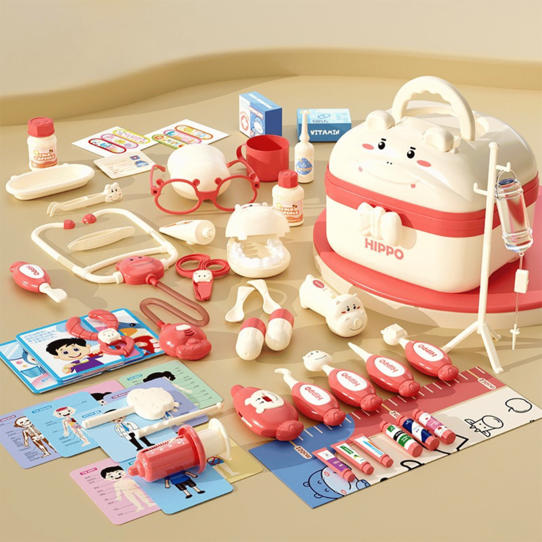 4_7927f85d-8e70-4032-be47-b3eba8c14285 Hippo Doctors Set™ - Mini Dokters in Actie - Speelgoed Doktersset 58 stuks / Rood | Educatief Speelgoed - Afbeelding 1