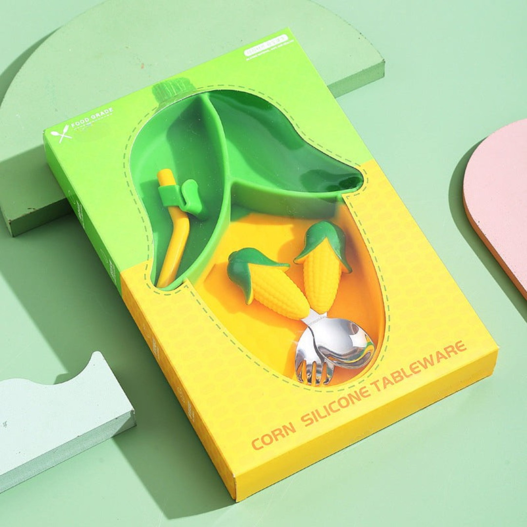 4_f5236387-79b3-4765-b33d-a000e50e19c8 MiniMeal– Veilig&Antislip– Siliconen Peuterbord Set met Bestek ?Maïs (set van 5) | Educatief Speelgoed - Afbeelding 1