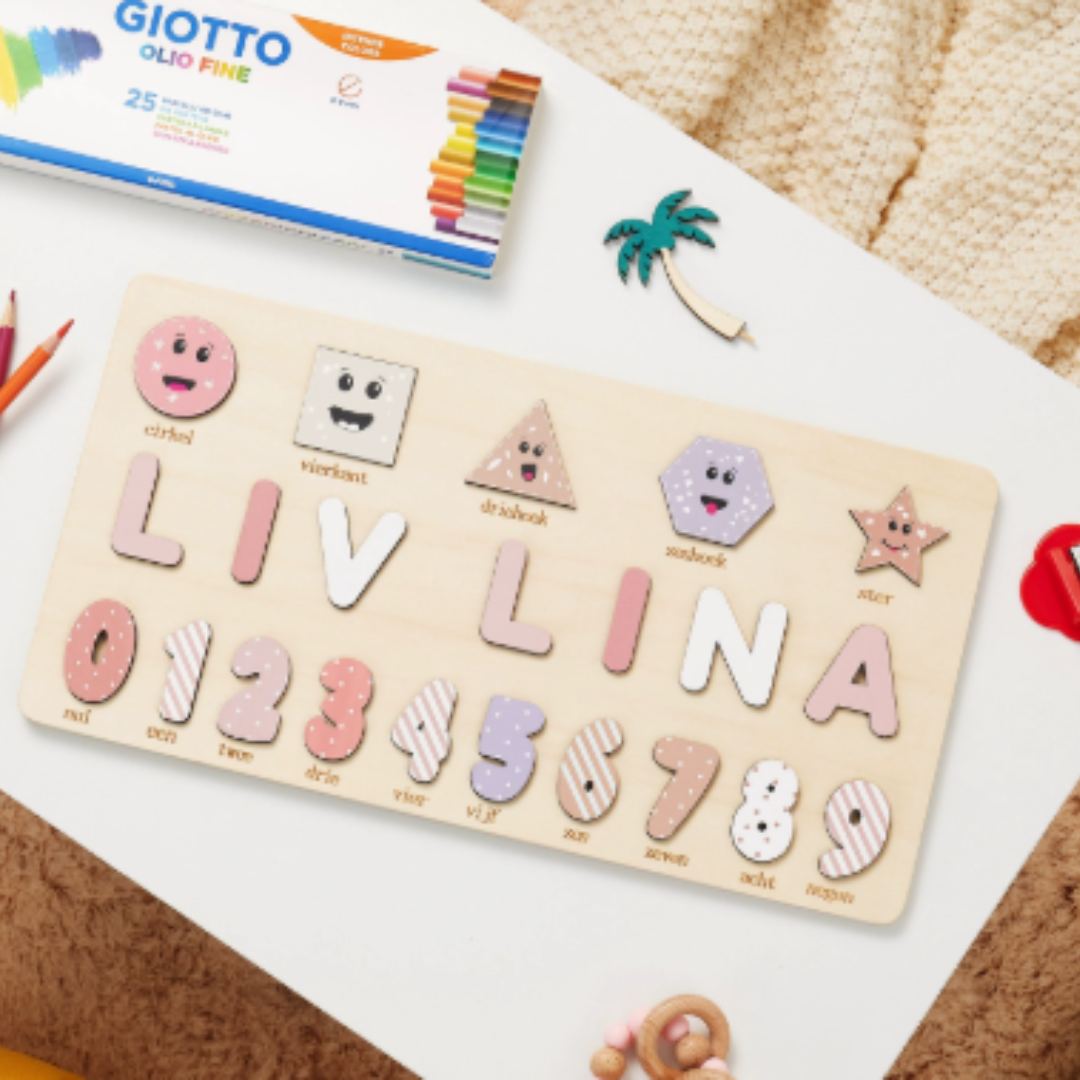 5_3fd22e90-fc87-4802-abf9-ddd91a631f15 Woods™ - Geef een blijvende herinnering! - Gepersonaliseerde puzzel Vormen&Cijfers - Roze tinten | Educatief Speelgoed - Afbeelding 1