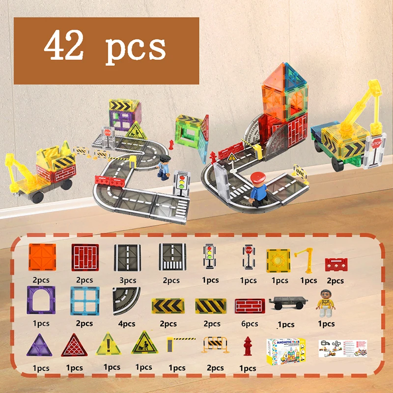 5_c809cf12-2e6c-40d3-82a1-fd9c8974ec76 MagnetoTrack– Creatief&Speels– Magnetische tegels Autoset Kleurrijk dorp (starter) - 42 stuks | Educatief Speelgoed - Afbeelding 1