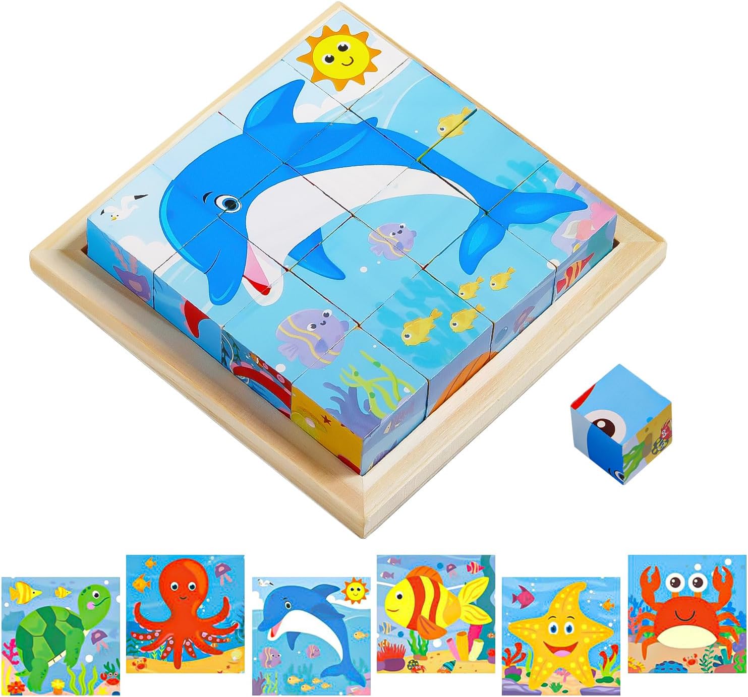 71zkx1FUGAL._AC_SL1500 CubePuzzle– Leuk&Educatief– 3D Houten Blokken Puzzel Ocean | Educatief Speelgoed - Afbeelding 1