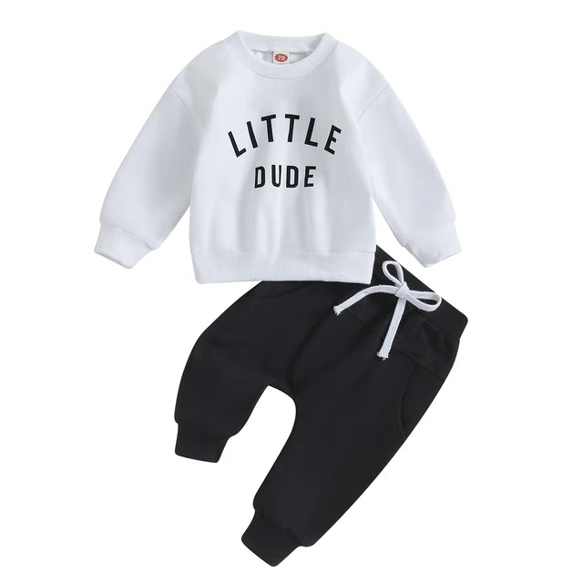 Autumn-Clothes-for-Boys-Kids-Outfits-Fashion-Letter-Print-Crew-Neck-Long-Sleeve-Sweatshirts-Tops-Pants.jpg_640x640_03a2219d-9b33-4c63-a745-27b6aa31f55d Mini Fashion™ - Stoere'Little Dude'Set Katoen Wit / Maat 110 (2-3 jaar) | Educatief Speelgoed - Afbeelding 1