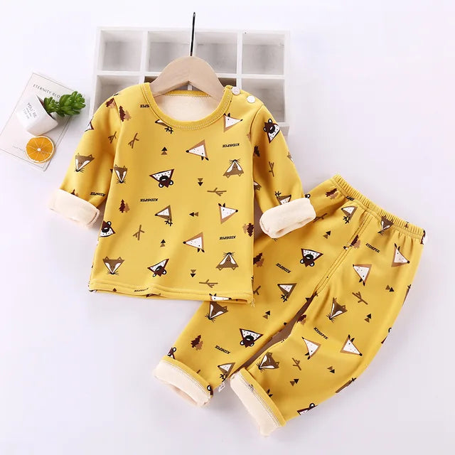 Baby-Boy-Clothes-Toddler-Girl-1-6T-Children-s-Cartoon-Thick-Warm-Casual-Thermal-Underwear-Set.jpg_640x640_14d36347-c414-48f2-b4a7-860d2135b0d3 Mini Fashion™ - Kinder Cartoon Fleece Pyjama Geel - Bosdieren / Maat 80 (12-18 maanden) | Educatief Speelgoed - Afbeelding 1