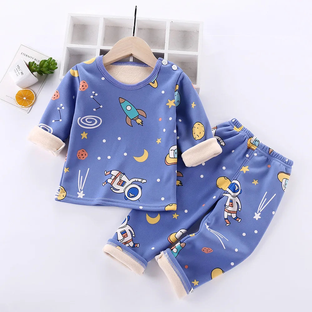 Baby-Boy-Clothes-Toddler-Girl-1-6T-Children-s-Cartoon-Thick-Warm-Casual-Thermal-Underwear-Set Mini Fashion™ - Kinder Cartoon Fleece Pyjama Blauw - Ruimte / Maat 100 (3-4 jaar) | Educatief Speelgoed - Afbeelding 1