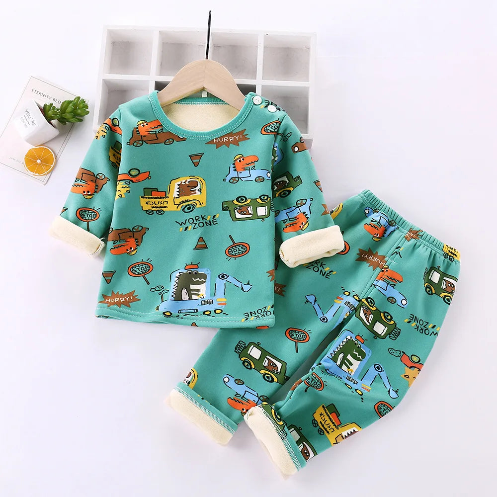 Baby-Boy-Clothes-Toddler-Girl-1-6T-Children-s-Cartoon-Thick-Warm-Casual-Thermal-Underwear-Set_b8b1c655-1262-4e48-bee0-05a6a41e76d9 Mini Fashion™ - Kinder Cartoon Fleece Pyjama Groen - Dino / Maat 110 (4-5 jaar) | Educatief Speelgoed - Afbeelding 1