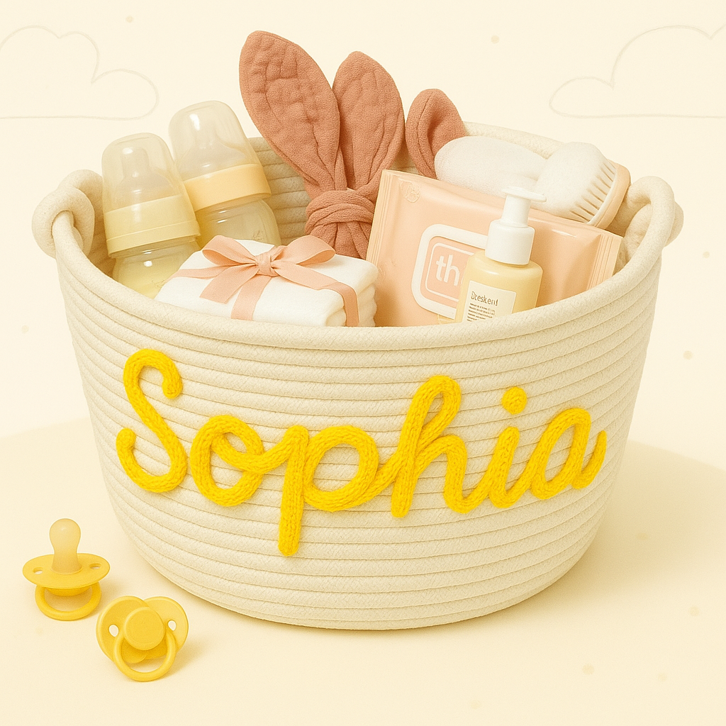 FA80A718-3383-4A5C-8CE2-267DB8420820 CuddleBasket– Schattig&Persoonlijk– Gepersonaliseerde Luiermand L (30x18cm) / Geel | Educatief Speelgoed - Afbeelding 1