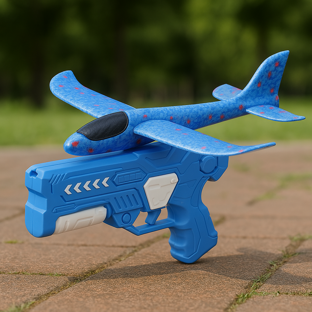 FoamPlaneLauncher_Vlieg_mWeg_Buitenspeelgoed-blauw Foam Plane Launcher™ – Vlieg'm Weg– Vliegtuigschieter Blauw | Educatief Speelgoed - Afbeelding 1