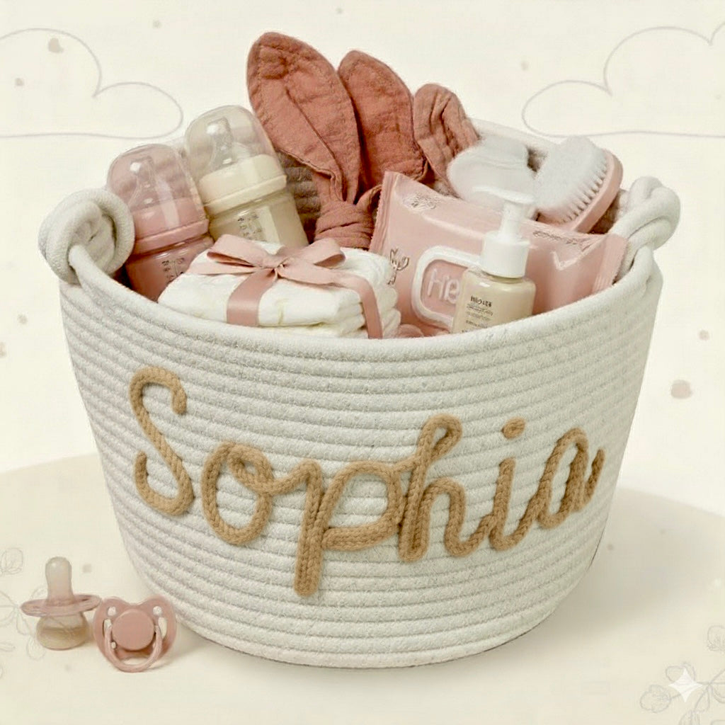 IMG_6362 CuddleBasket– Schattig&Persoonlijk– Gepersonaliseerde Luiermand S (21x18cm) / Beige | Educatief Speelgoed - Afbeelding 1