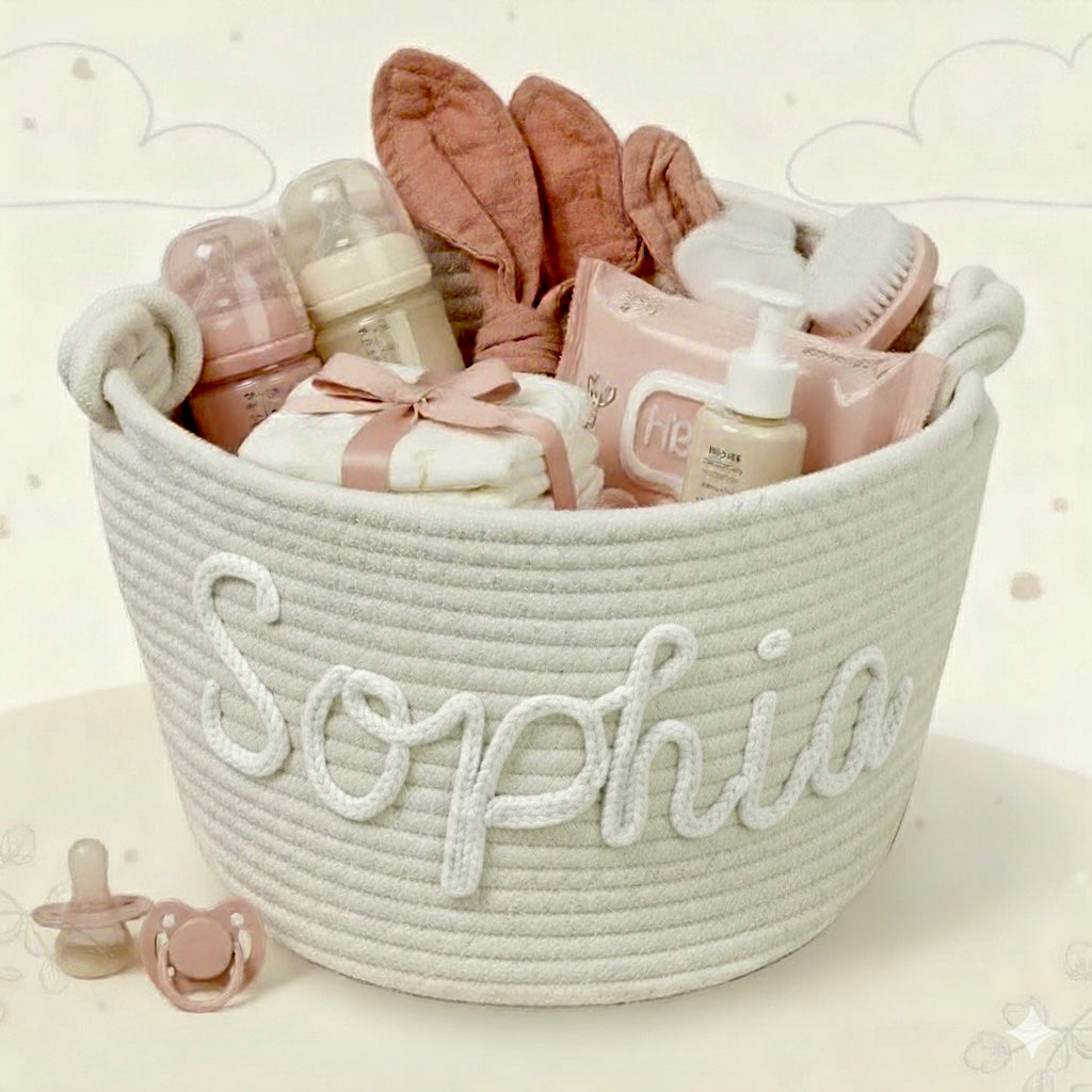 IMG_6365 CuddleBasket– Schattig&Persoonlijk– Gepersonaliseerde Luiermand M (24x18cm) / Wit | Educatief Speelgoed - Afbeelding 1