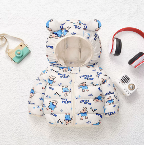 QQ_1742463510705 Mini Fashion™ - Polyester winterjas met Capuchon Wit - Kleine Ster patroon / 80 (9-12 maanden) | Educatief Speelgoed - Afbeelding 1