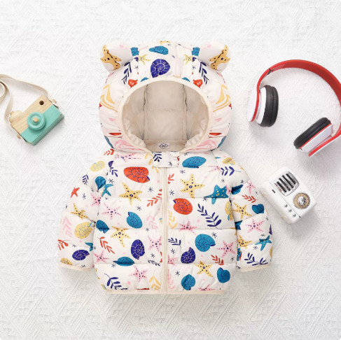 QQ_1742463539955 Mini Fashion™ - Polyester winterjas met Capuchon Wit - Zee patroon / 100 (4-5 jaar) | Educatief Speelgoed - Afbeelding 1