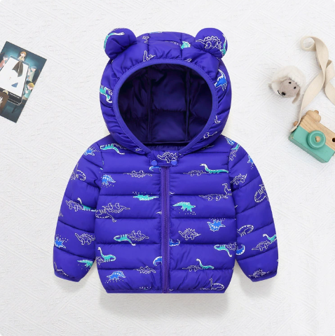 QQ_1742463553338 Mini Fashion™ - Polyester winterjas met Capuchon Donkerblauw - Dinosauruspatoon / 120 (7-8 jaar) | Educatief Speelgoed - Afbeelding 1