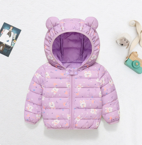 QQ_1742463626634 Mini Fashion™ - Polyester winterjas met Capuchon Lichtpaars - Konijnenpatroon / 100 (4-5 jaar) | Educatief Speelgoed - Afbeelding 1