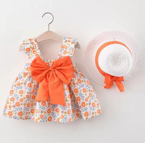 QQ_1753511981652 Mini Fashion™ – Zoet&Zomers– Fruit Jurk (incl. GRATIS strohoed) Oranje Bloemenprint / 80 (9–12 maanden) | Educatief Speelgoed - Afbeelding 1