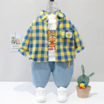 Mini Fashion™ - Peuter&Avontuur  - 3-delige Kleding Set Geel/Blauw geblokt / 100 (3 jaar) | Educatief Speelgoed