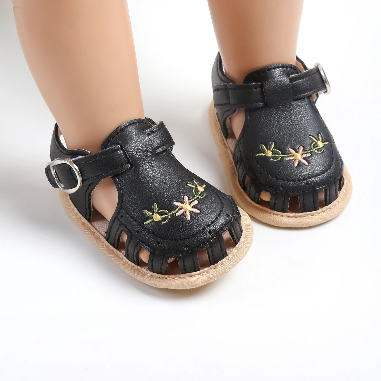 S8d322bf049634de7bc6d325085581977z TinyPetals– Comfort&Stijl– Baby Sandalen met Bloemenborduursel Zwart / 11 (0-6 Maanden) | Educatief Speelgoed - Afbeelding 1