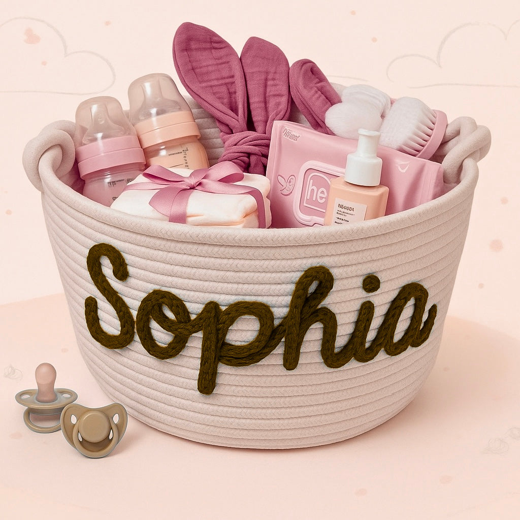 Untitled_design_6f6e4233-ea73-4d24-b3f7-4f5eb7b0ea4b CuddleBasket– Schattig&Persoonlijk– Gepersonaliseerde Luiermand L (30x18cm) / Bruin | Educatief Speelgoed - Afbeelding 1